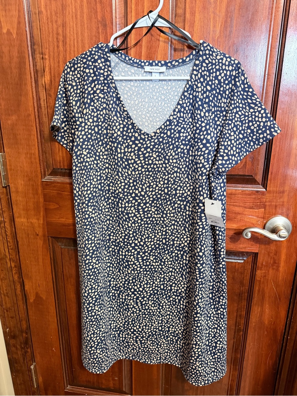 NWT Nine West Navy Cream Abstract Print Dress Size L $40 Retail